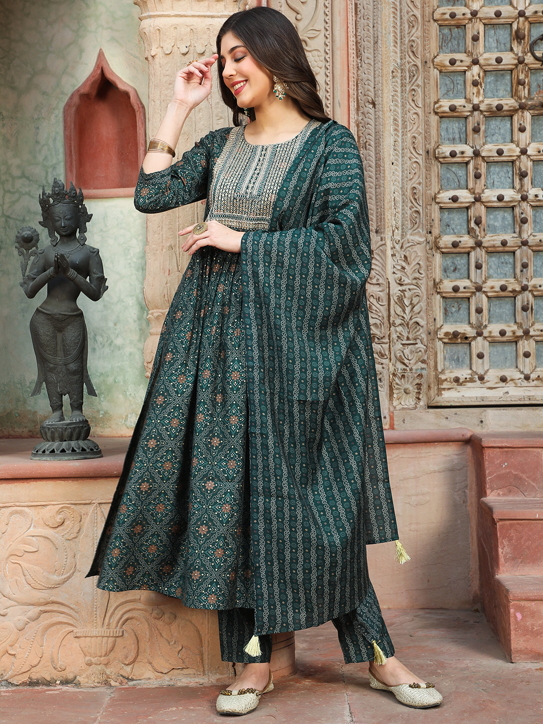 Rayon  Calf Length Printed Semi-Flared 3/4 Sleeves Round Kurta Bottom Dupatta Set