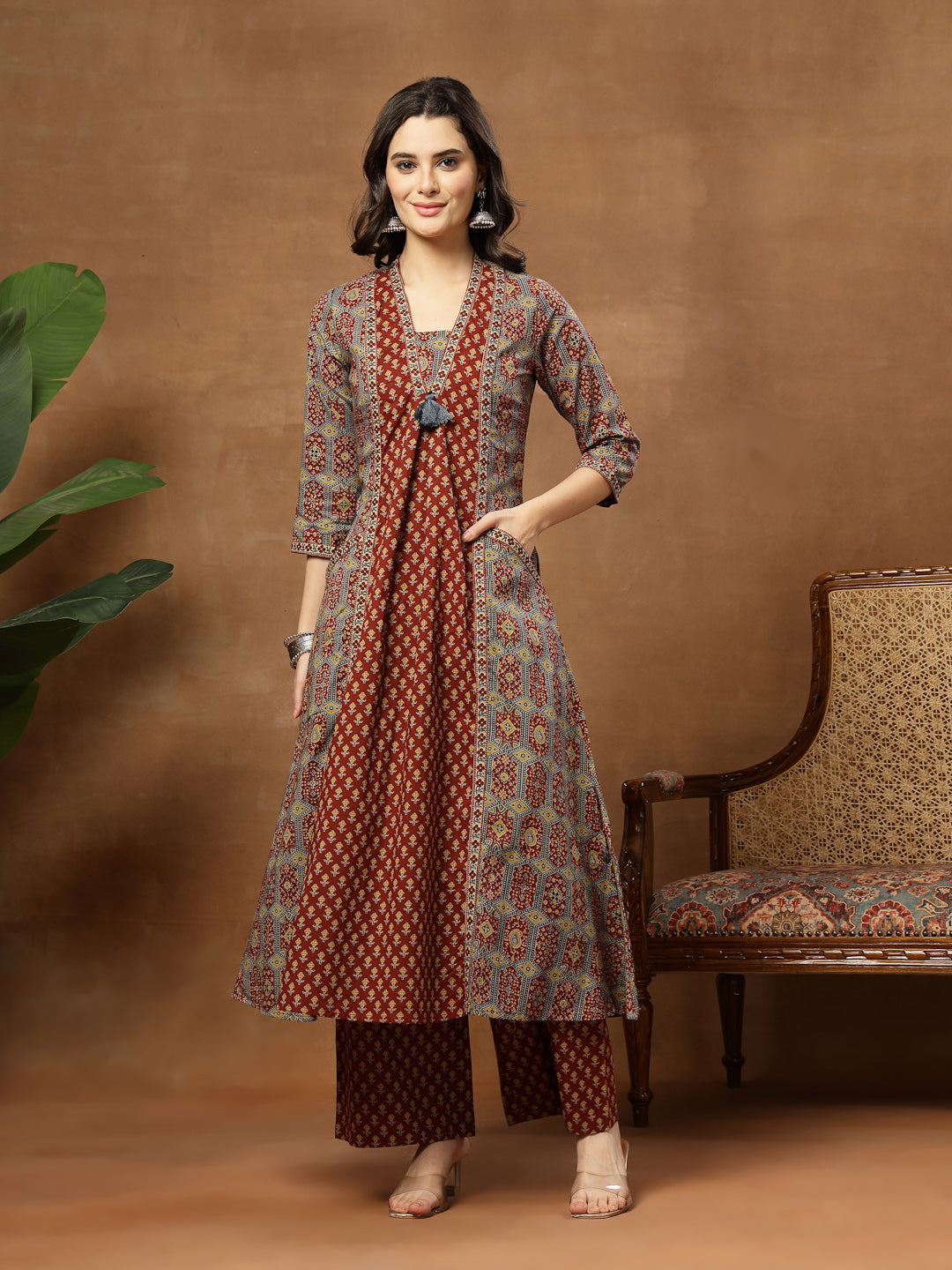 A-Line Printed Cotton V-Neck Kurta Set