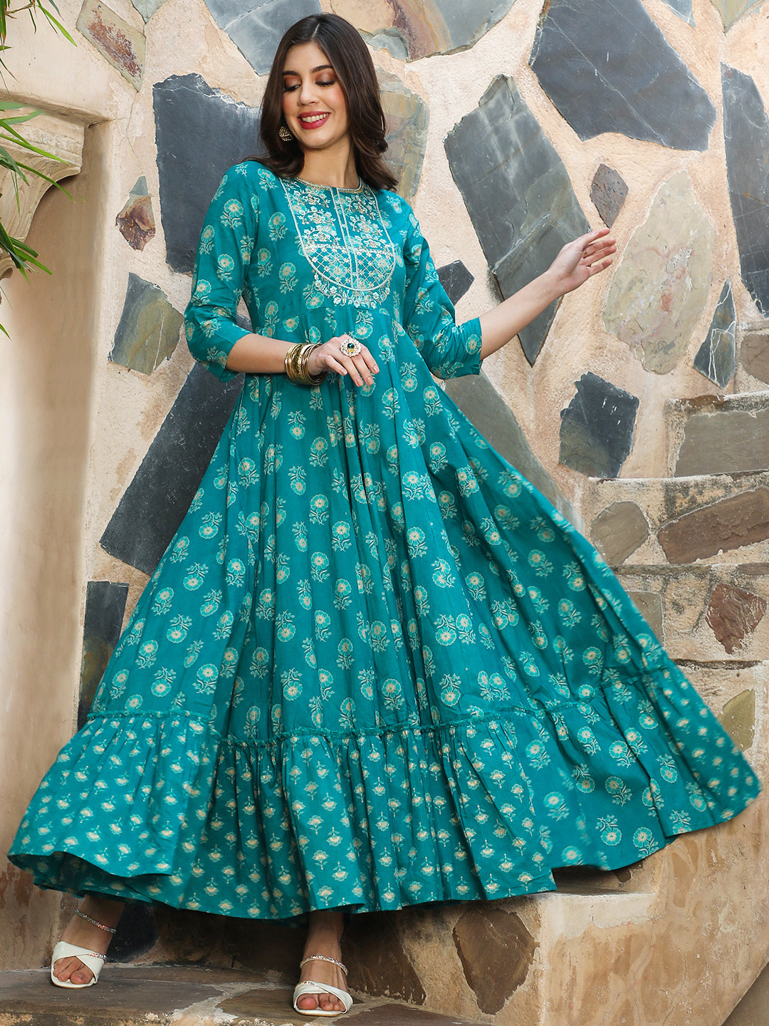 Rayon Ankle Length Printed Flared 3/4 Sleeves Round Neck Kurta