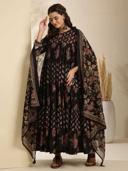 Cotton Calf Length Printed 3/4 Sleeve Key Hole Neck Tired Kurta Bottom With Dupatta