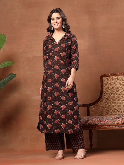 Straight Printed Cotton Shirt Collar Kurta Set