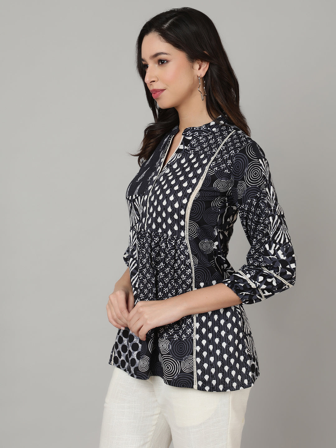 Dark Blue Printed V Neck  Top