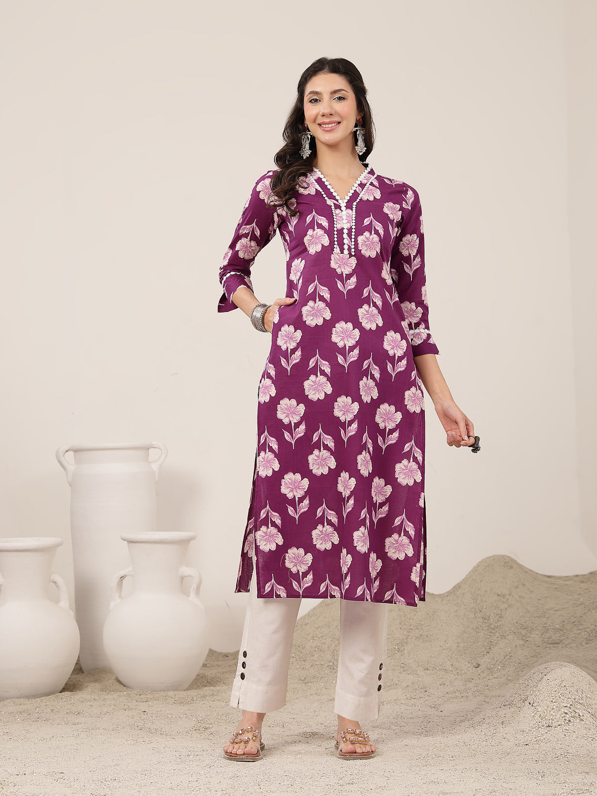 Cotton Calf Length Printed 3/4 Sleeves V-Neck Kurta