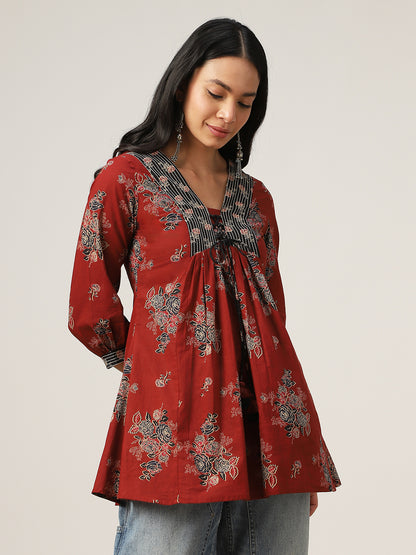 Flared Printed Cotton V-Neck Top