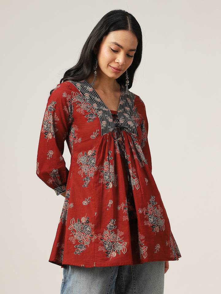 Flared Printed Cotton V-Neck Top