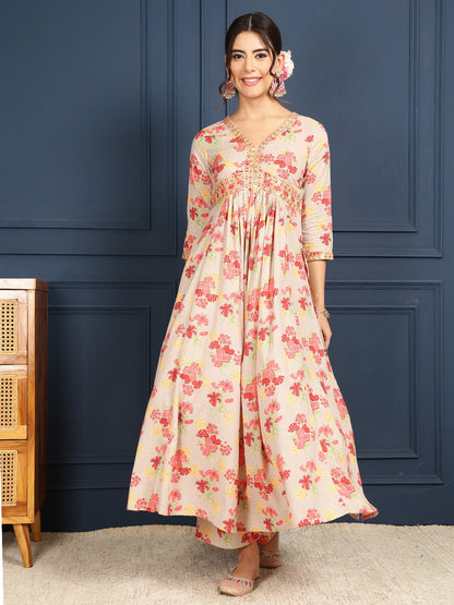 Rayon Calf Length Printed Flared 3/4 Sleeves V-Neck Kurta Bottom Set (Preorder)