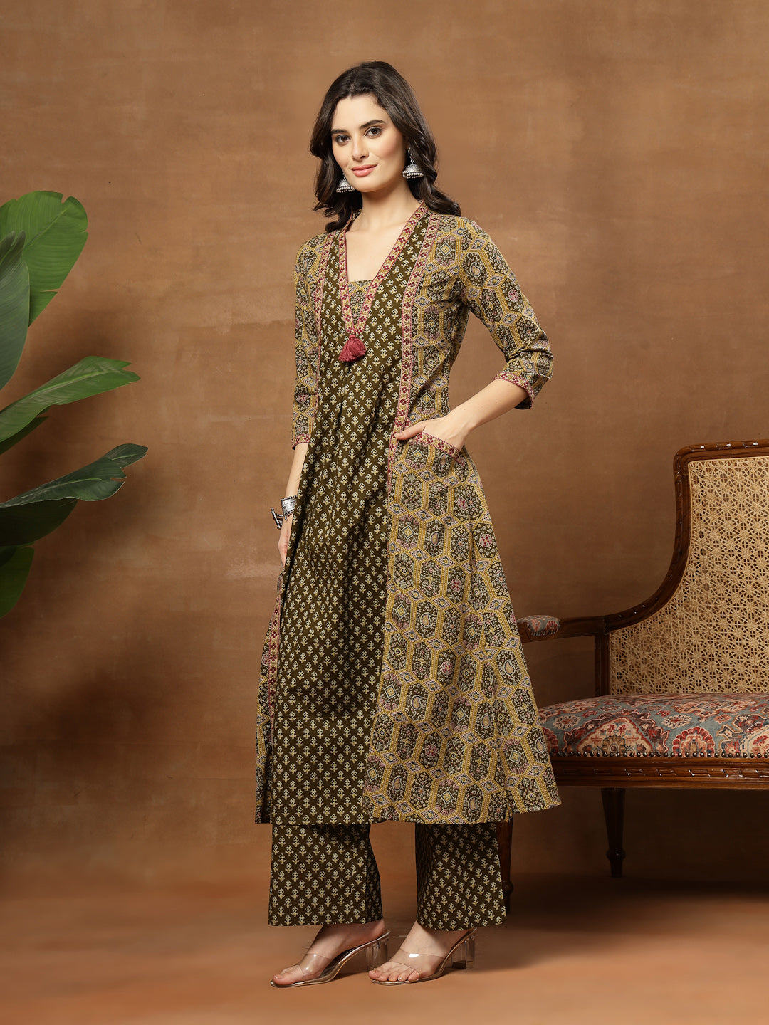 A-Line Printed Cotton V-Neck Kurta Set