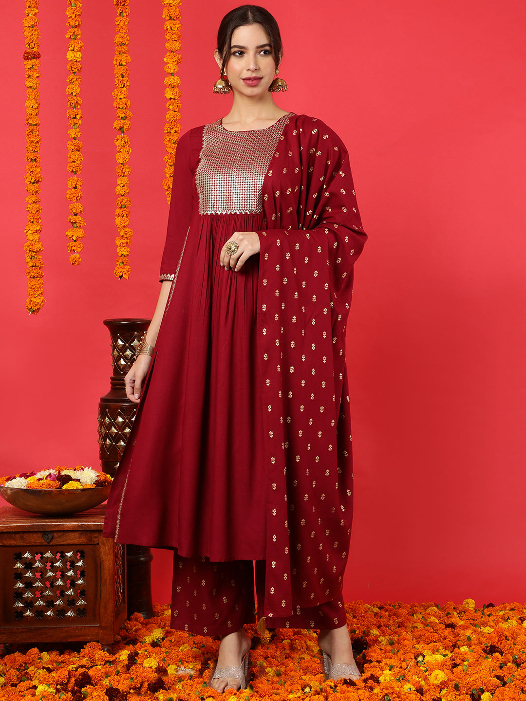 Rayon Calf Length Solid Flared 3/4 Sleeves Round Neck Kurta Bottom Dupatta Set (Preorder)