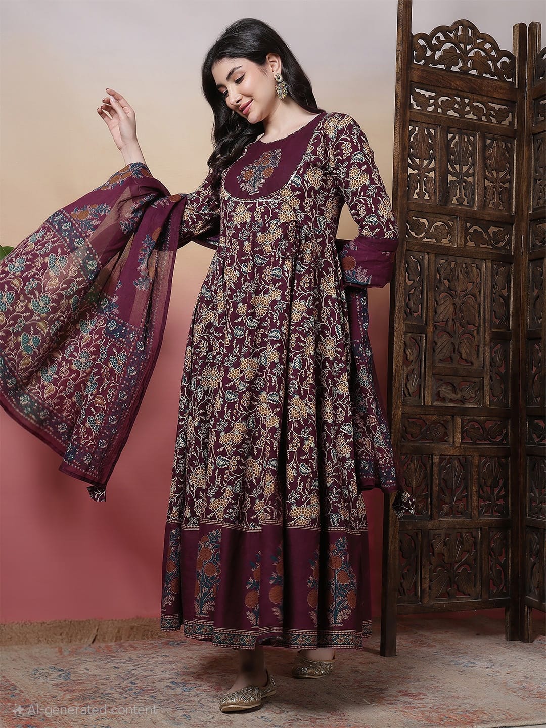 Cotton Calf Length Printed 3/4 Sleeves Round Neck Anarkali Kurta Bottom With Dupatta