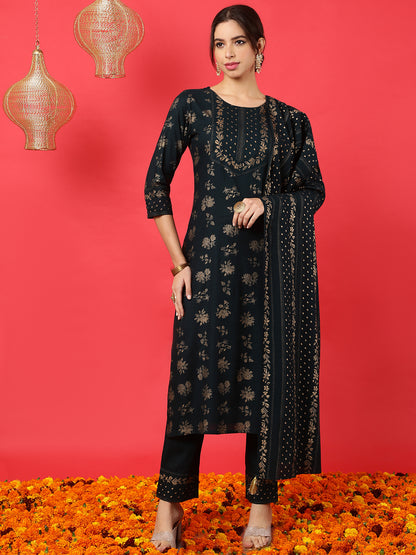 Rayon Calf Length Printed Straight 3/4 Sleeves Round Neck Kurta Bottom Dupatta Set