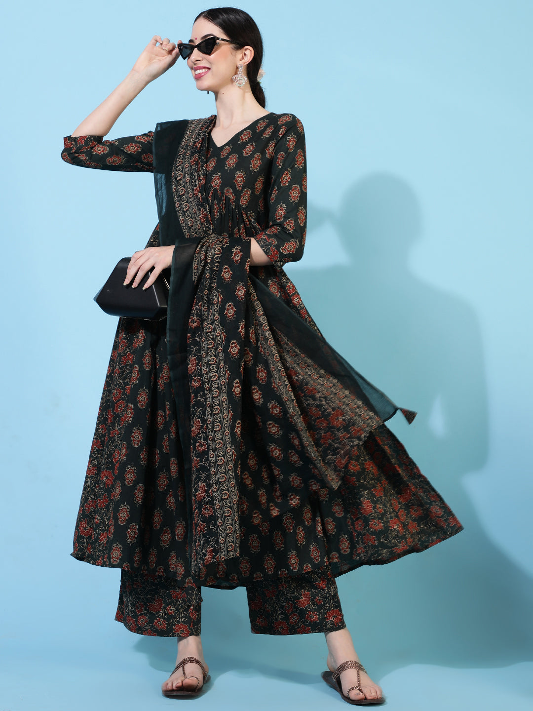 Cotton Calf Length Printed Flared 3/4 Sleeves V-Neck Kurta Bottom Dupatta Set