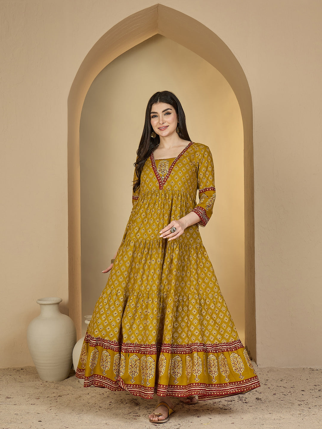 Cotton Ankle Length Printed 3/4 Sleeves V-Neck Anarkali Kurta