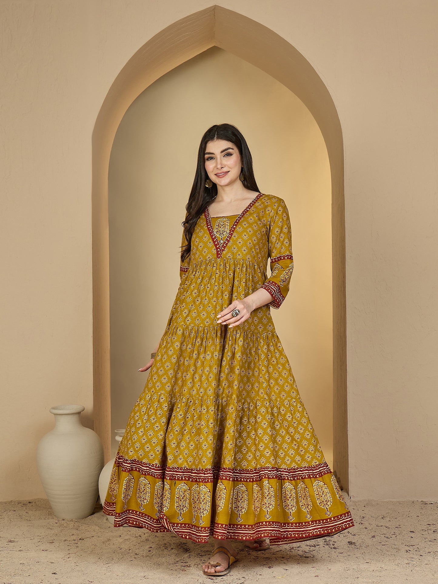 Cotton Ankle Length Printed 3/4 Sleeves V-Neck Anarkali Kurta
