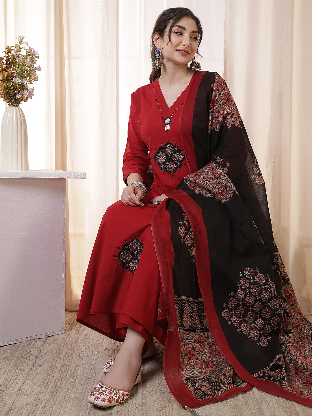 Rayon Calf Length Solid 3/4 Sleeves V-Neck Flared Kurta Suit Set
