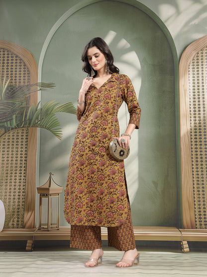 Straight Printed Cotton Shirt Collar Kurta Set