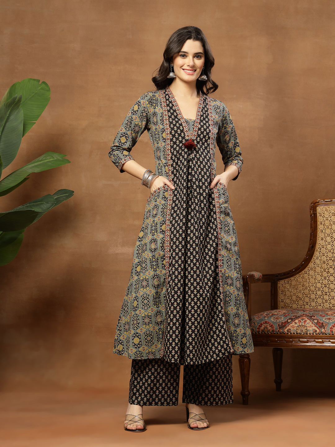 A-Line Printed Cotton V-Neck Kurta Set