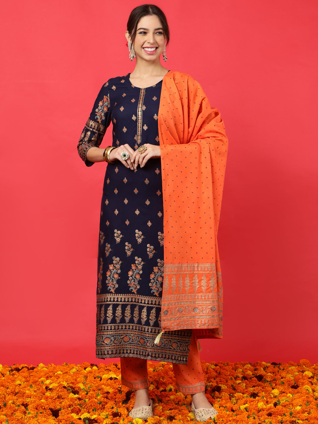 Rayon  Calf Length Printed Straight 3/4 Sleeves Round Kurta Bottom Dupatta Set