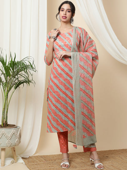Cotton  Calf Length Printed Straight 3/4 Sleeves Round Kurta Bottom Dupatta Set