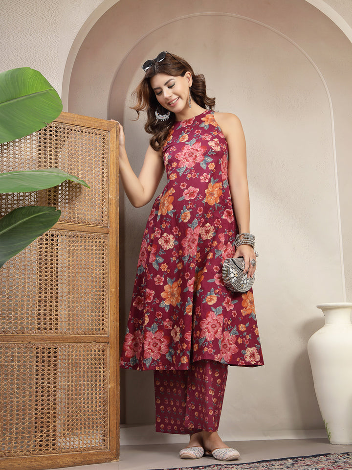 Flared Printed Cotton Round Neck Kurta Set