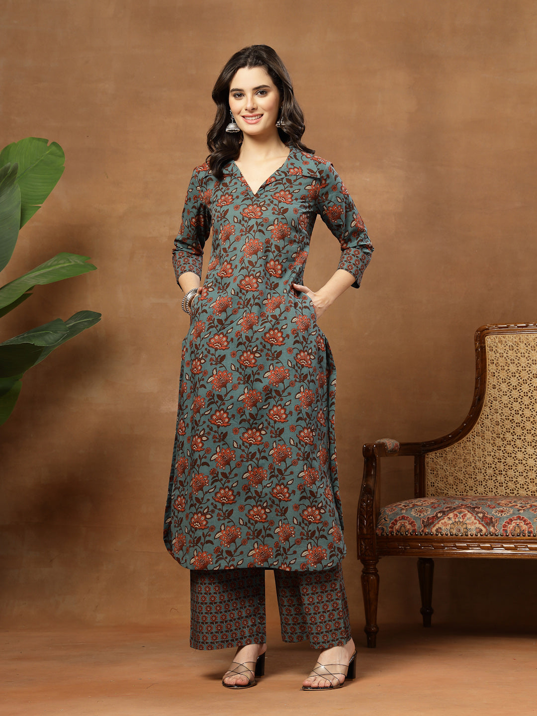 Straight Printed Cotton Shirt Collar Kurta Set