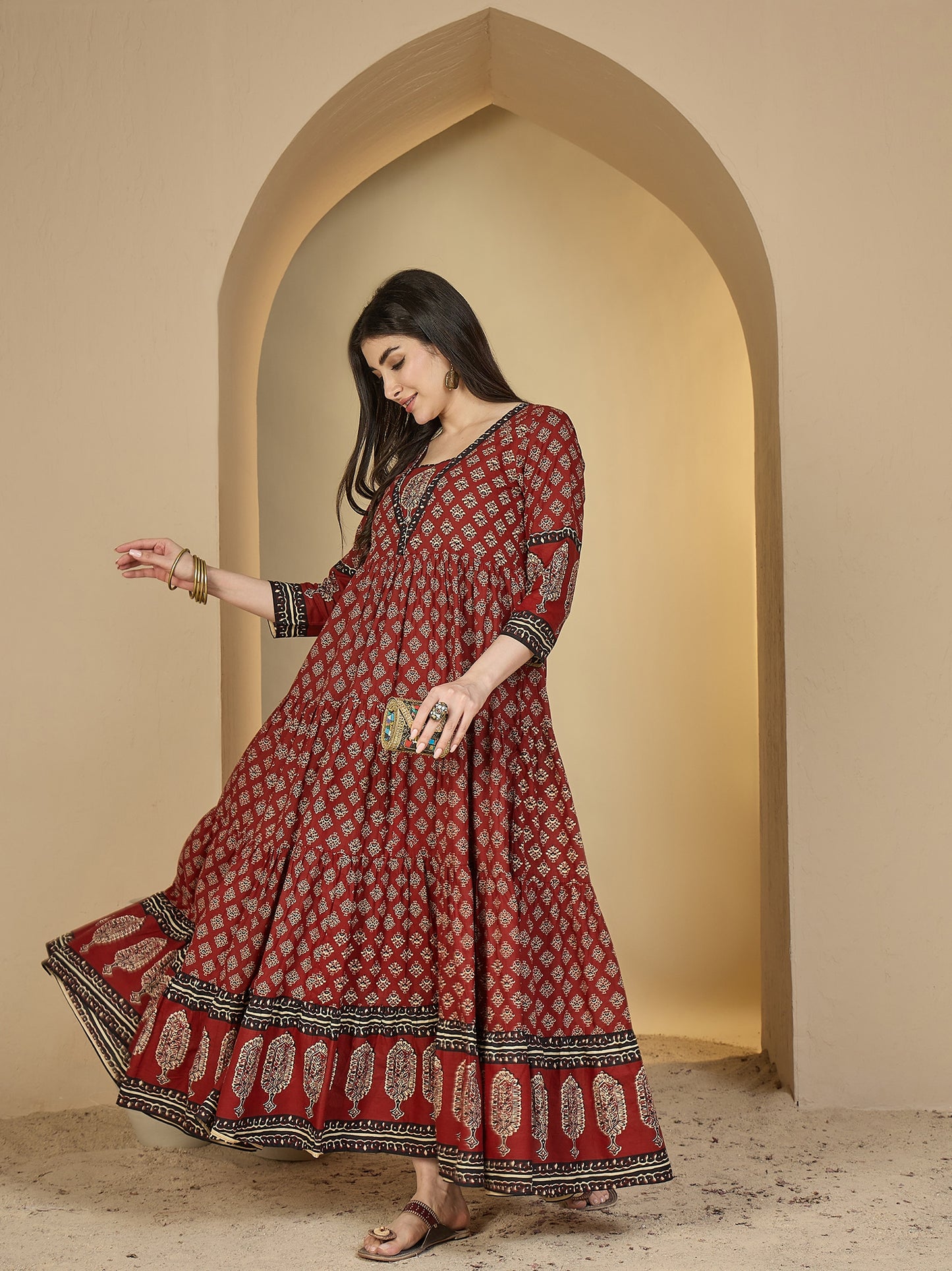 Cotton Ankle Length Printed 3/4 Sleeves V-Neck Anarkali Kurta