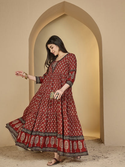 Cotton Ankle Length Printed 3/4 Sleeves V-Neck Anarkali Kurta