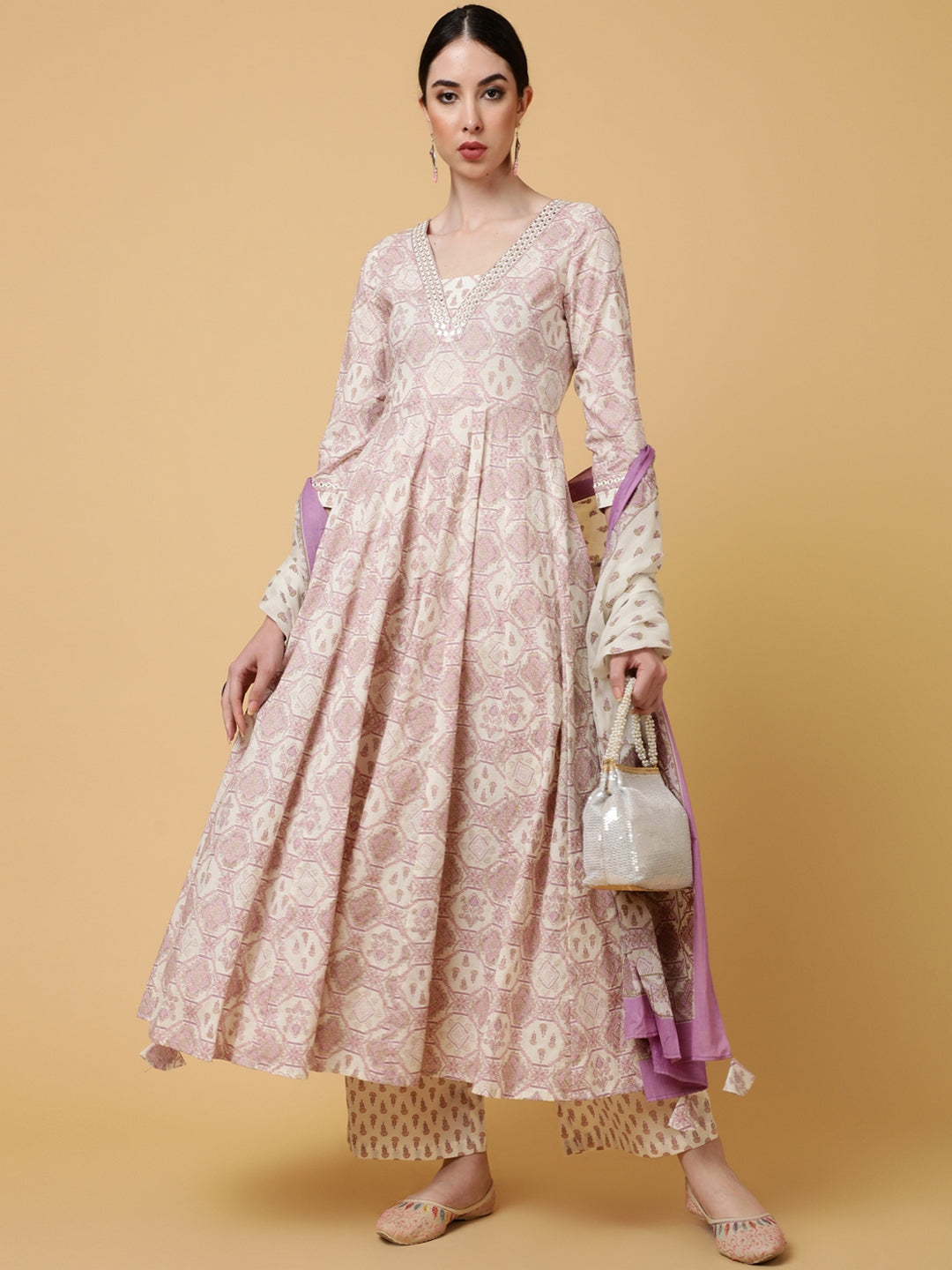 Cotton Calf Length Printed Flared 3/4 Sleeves V-Neck Kurta Bottom Dupatta Set
