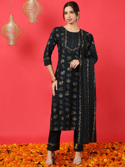 Rayon Calf Length Printed Straight 3/4 Sleeves Round Neck Kurta Bottom Dupatta Set (Preorder)