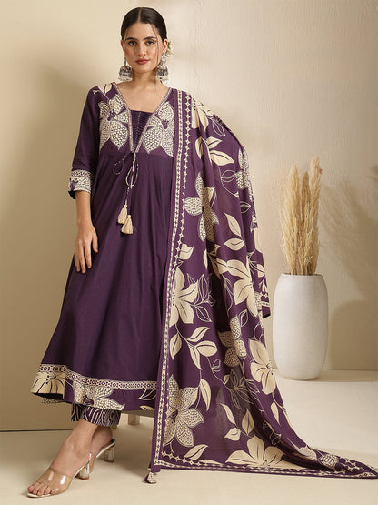 Cotton Calf Length Printed 3/4 Sleeve V-Neck Anarkali Kurta Bottom With Dupatta (Preorder)