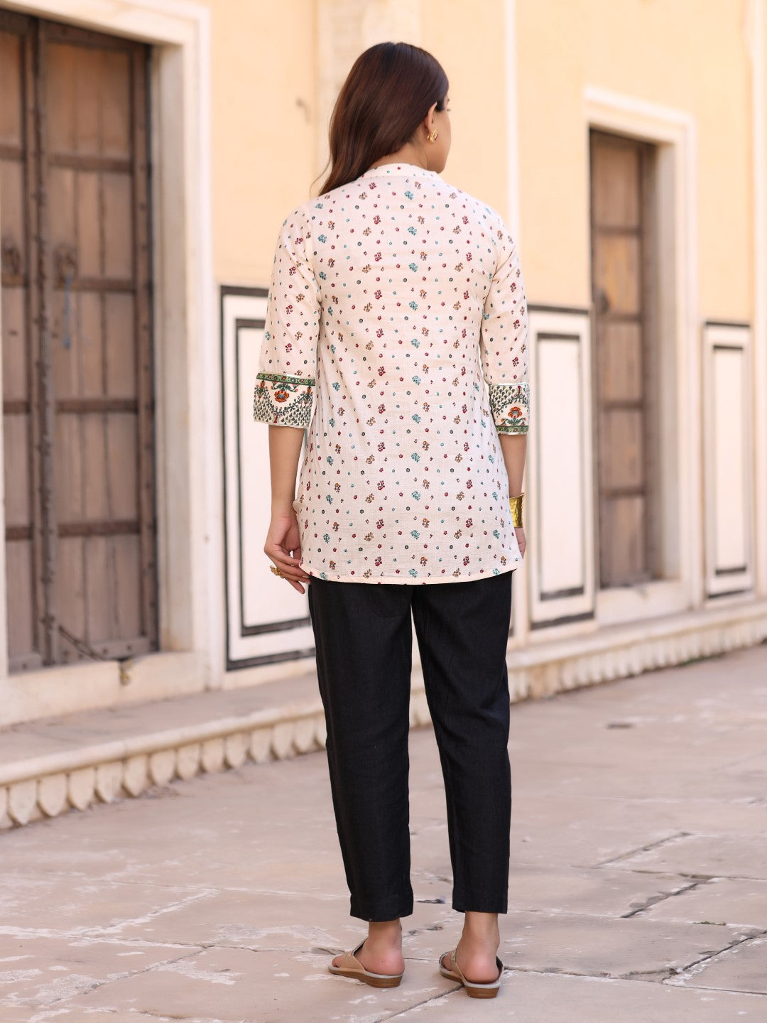 Ivory Floral Printed Pure Cotton Tunic With Pants