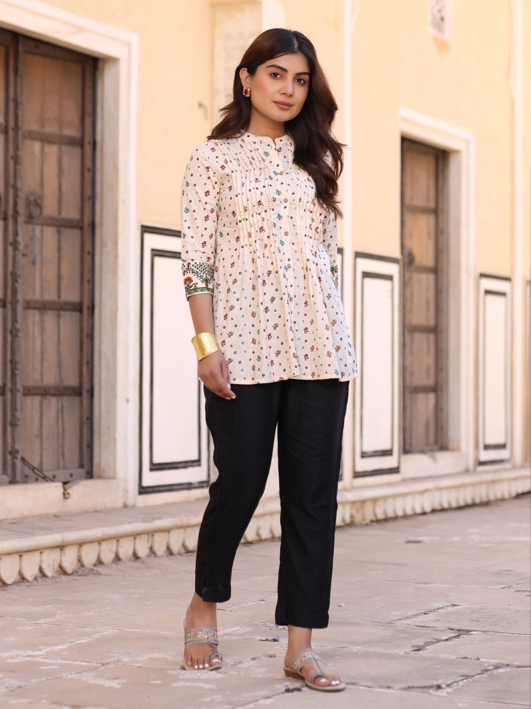 Ivory Floral Printed Pure Cotton Tunic With Pants