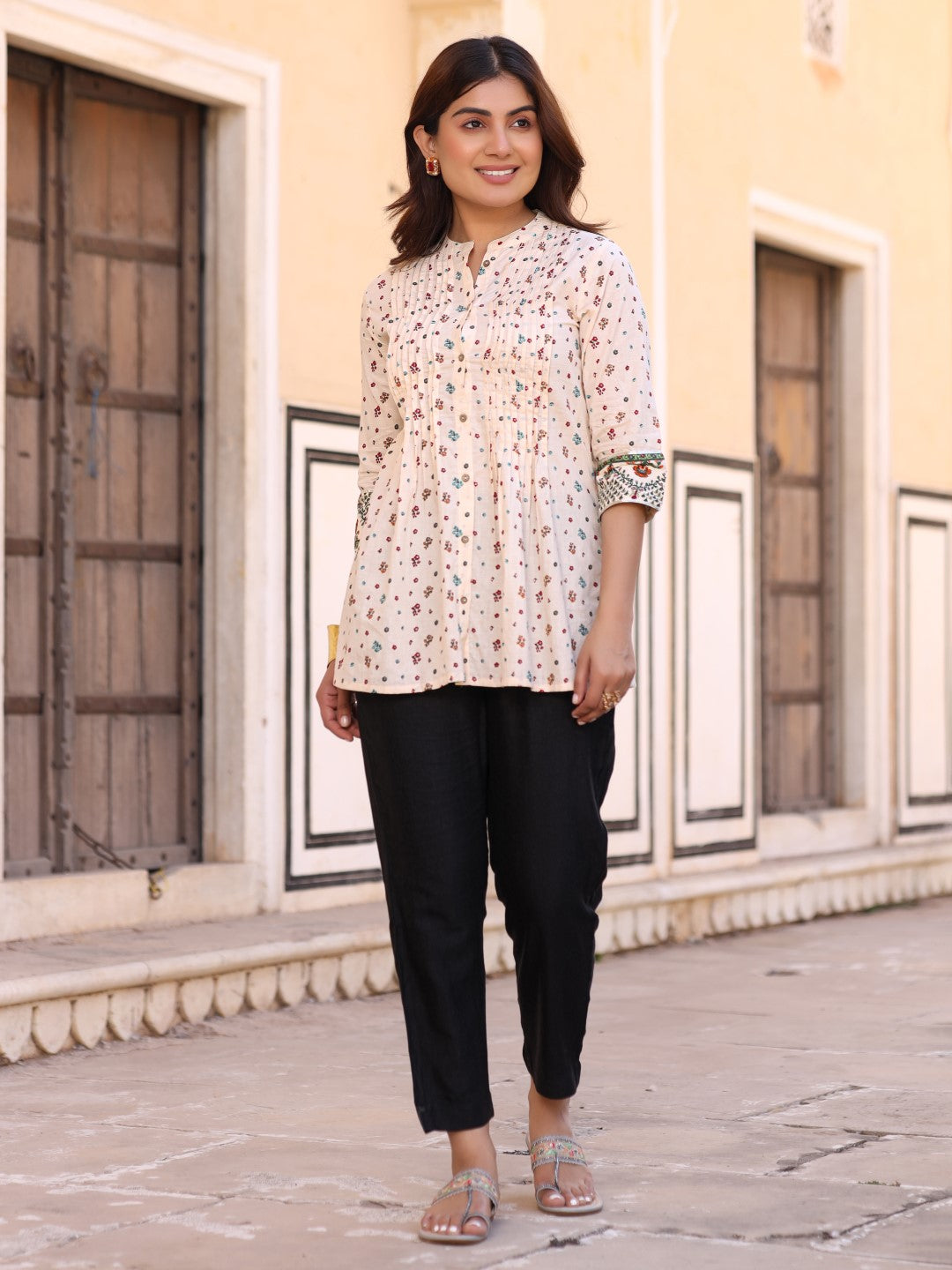 Ivory Floral Printed Pure Cotton Tunic With Pants
