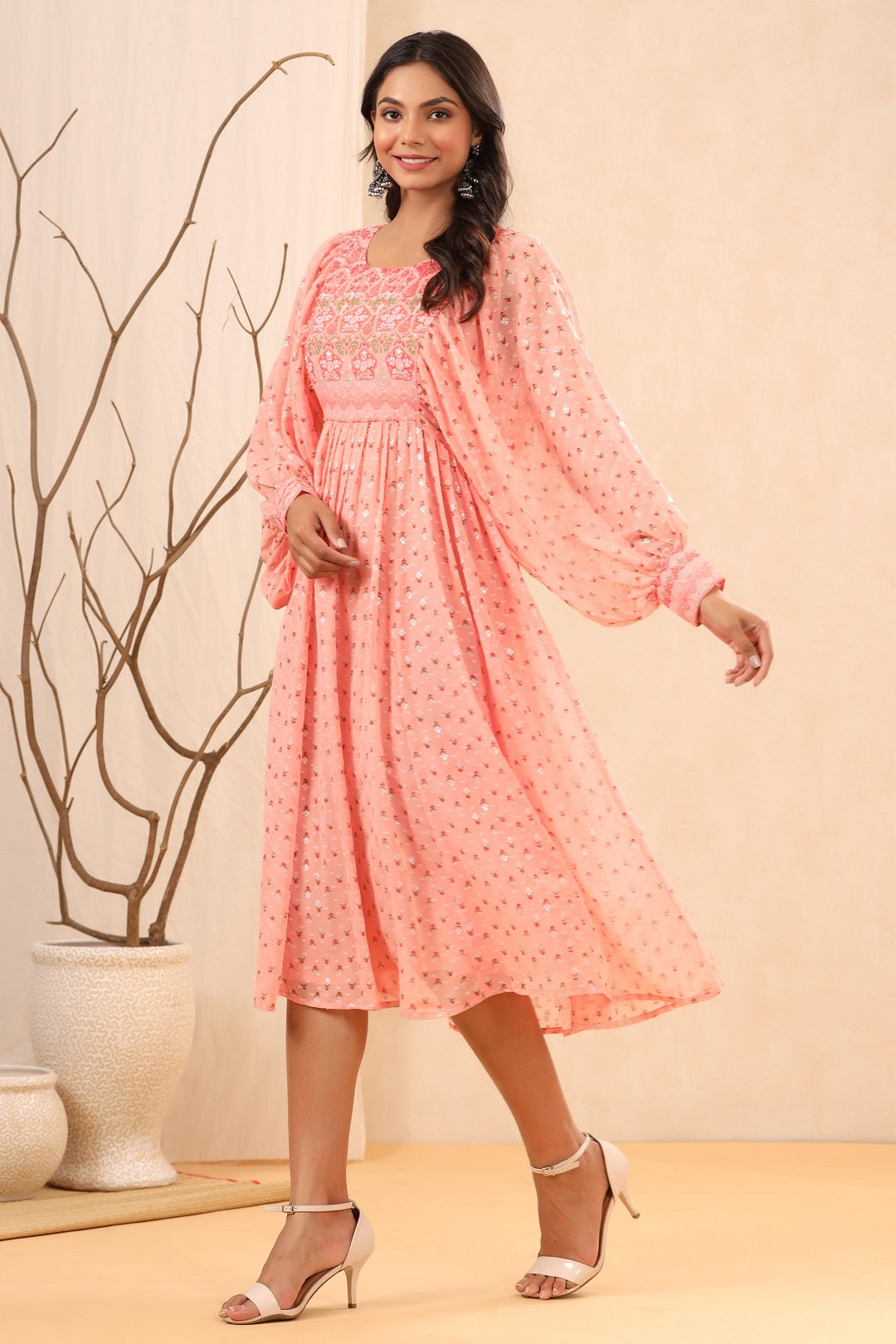 Peach Ethnic Motif Printed Georgette Midi  Dress With Sequins Work