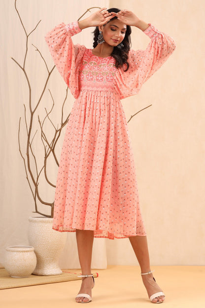 Peach Ethnic Motif Printed Georgette Midi  Dress With Sequins Work