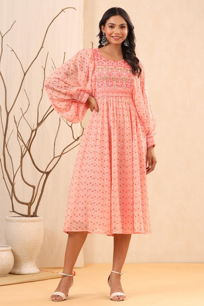 Peach Ethnic Motif Printed Georgette Midi  Dress With Sequins Work