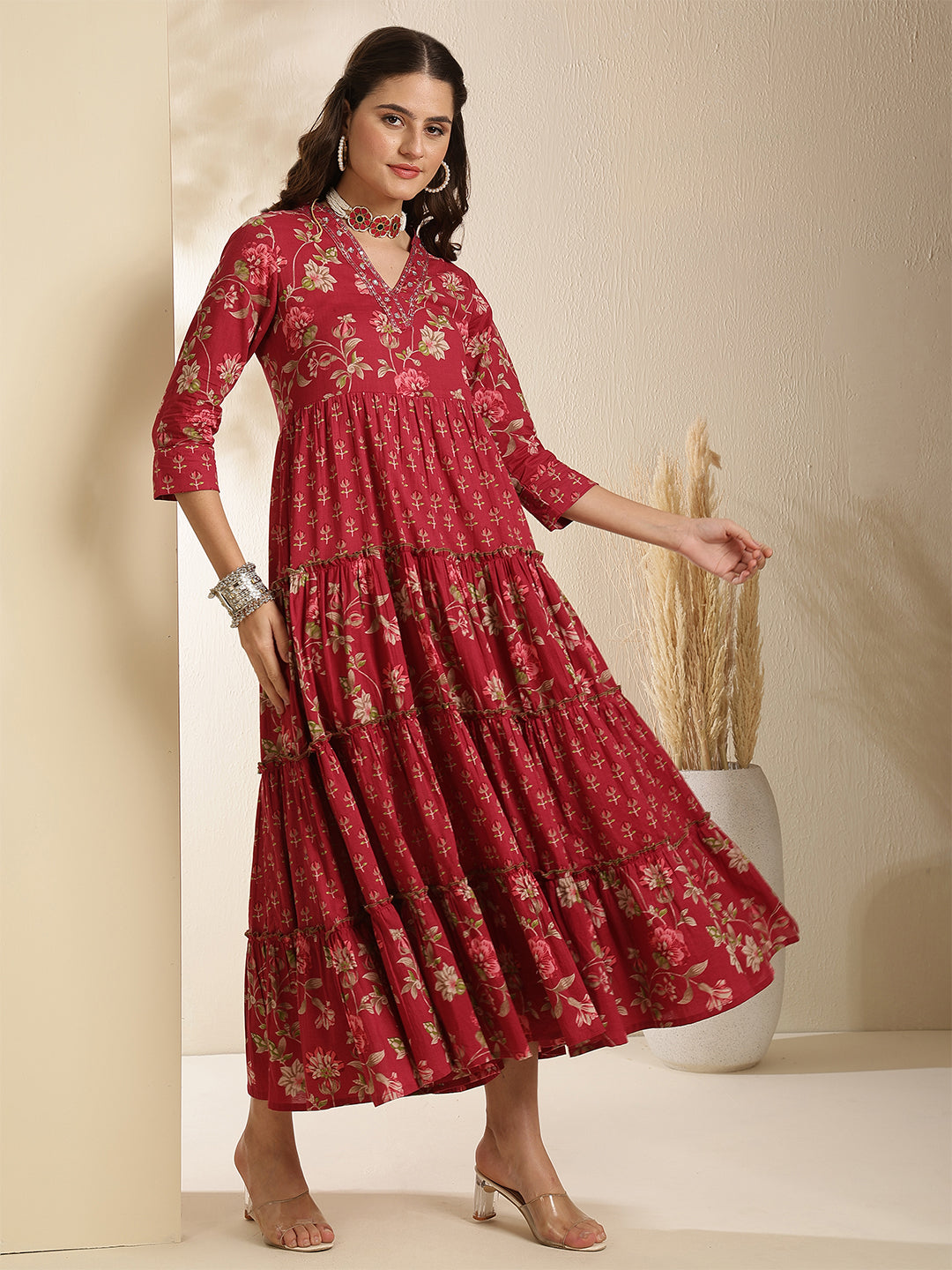 Cotton Calf Length Printed 3/4 Sleeves V-Neck Anarkali Kurta