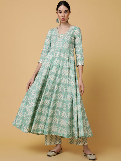 Cotton Calf Length Printed Flared 3/4 Sleeves V-Neck Kurta Bottom Dupatta Set