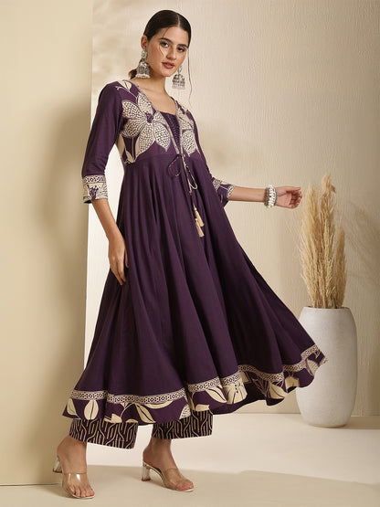 Cotton Calf Length Printed 3/4 Sleeve V-Neck Anarkali Kurta Bottom With Dupatta