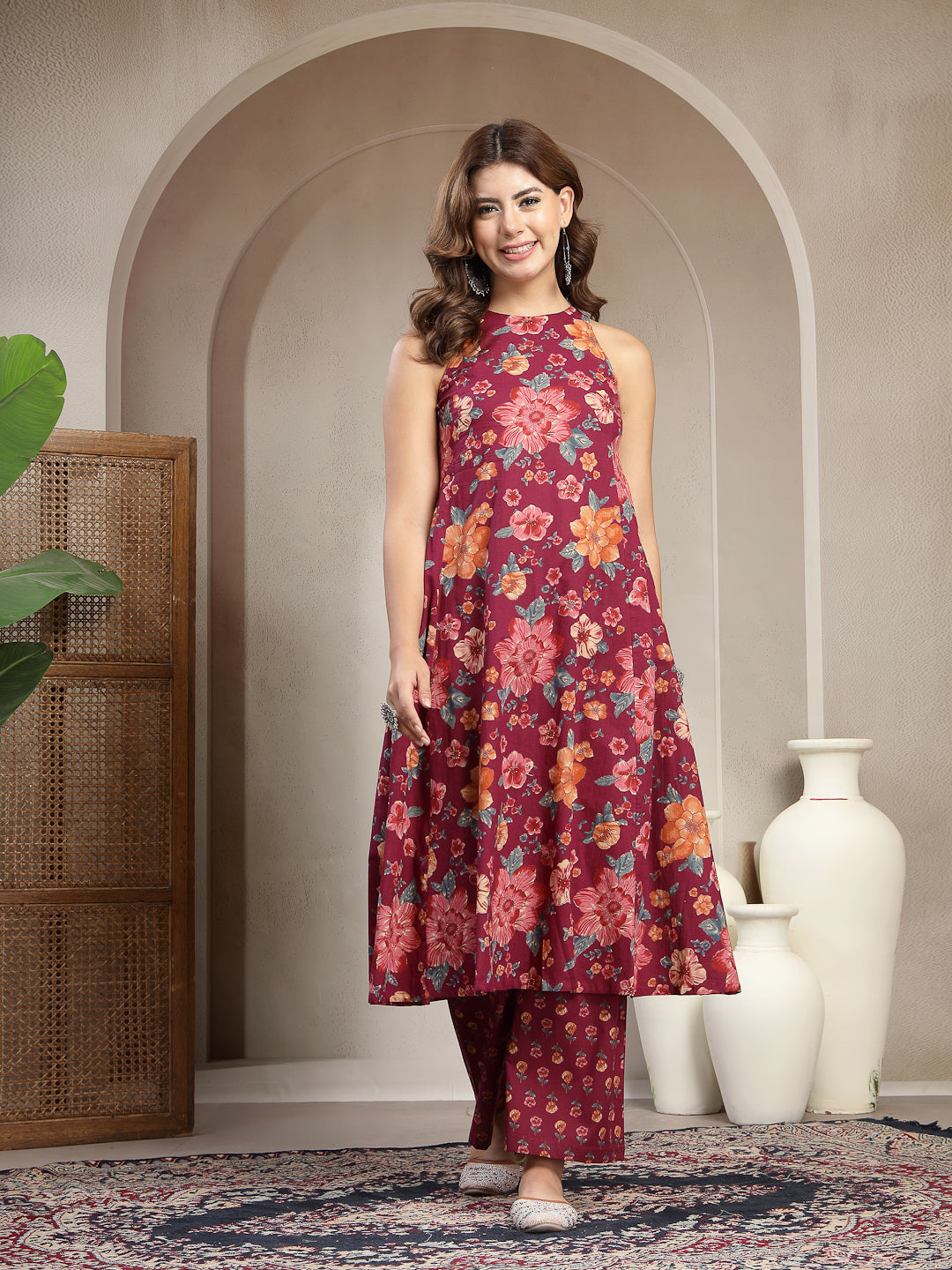 Flared Printed Cotton Round Neck Kurta Set