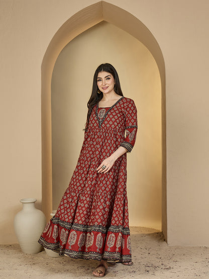 Cotton Ankle Length Printed 3/4 Sleeves V-Neck Anarkali Kurta