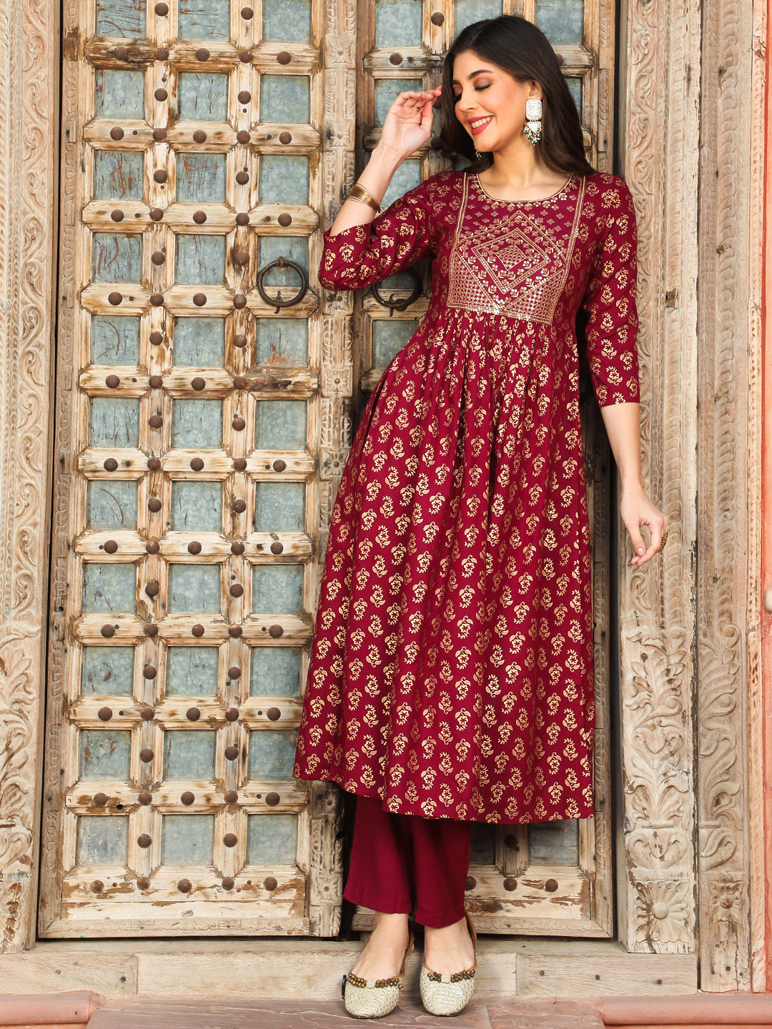 Rayon Calf Length Printed Flared 3/4 Sleeves Round Neck Kurta Bottom Dupatta Set
