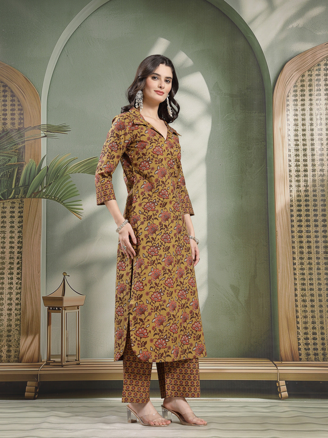 Straight Printed Cotton Shirt Collar Kurta Set