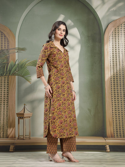 Straight Printed Cotton Shirt Collar Kurta Set