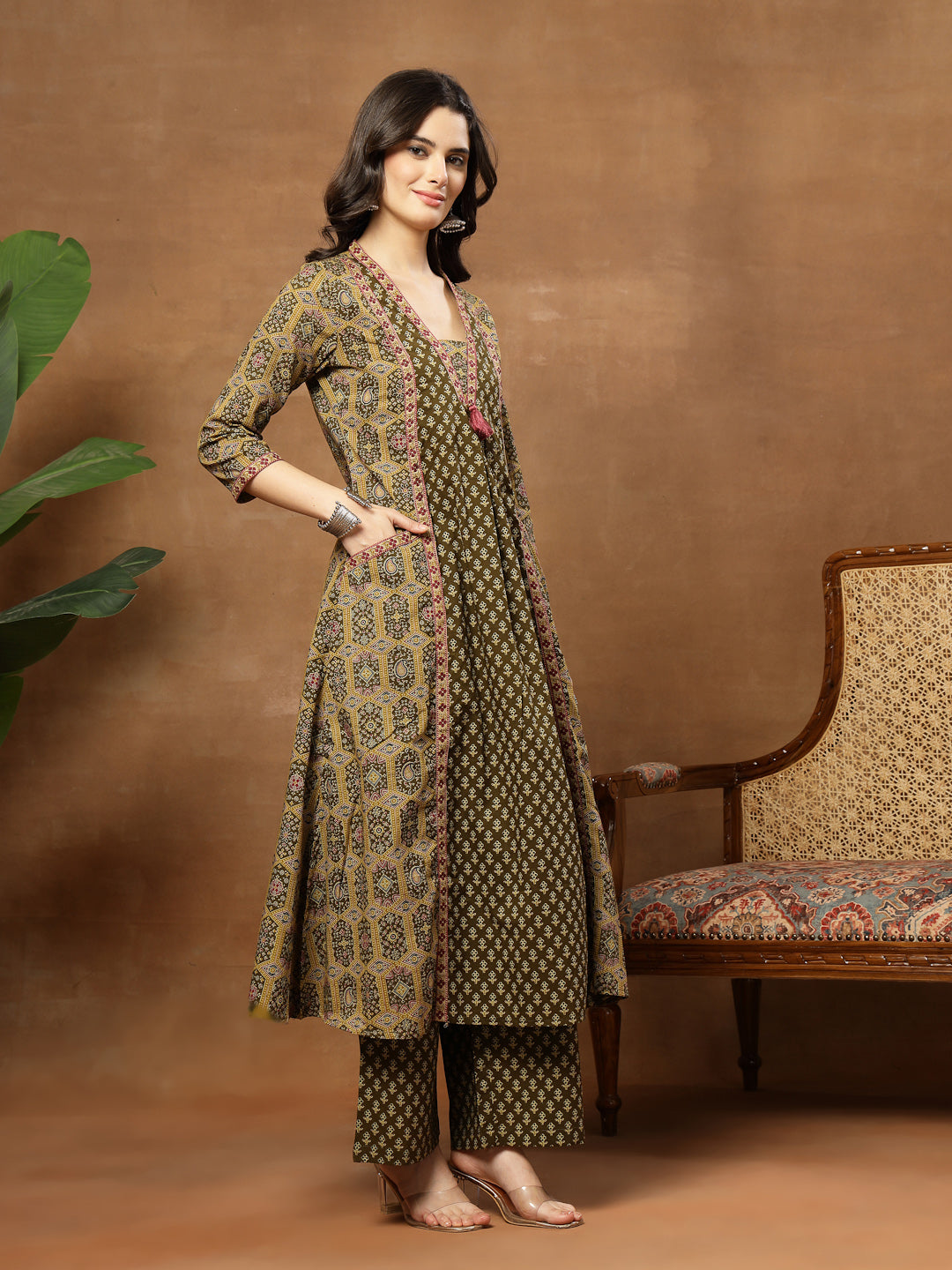 A-Line Printed Cotton V-Neck Kurta Set