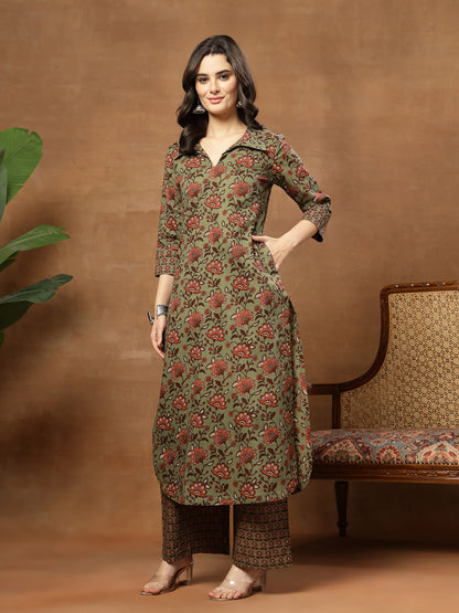 Straight Printed Cotton Shirt Collar Kurta Set