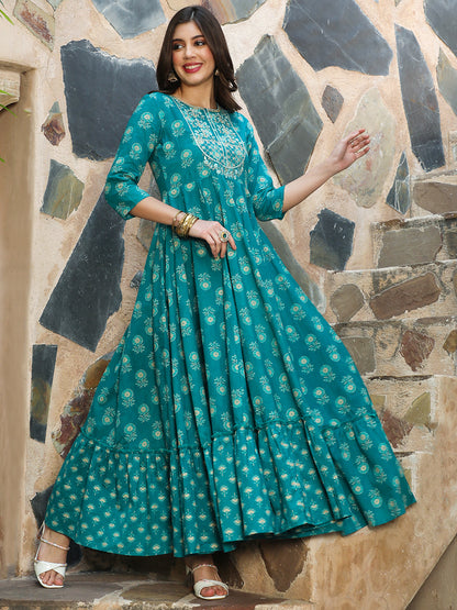Rayon Ankle Length Printed Flared 3/4 Sleeves Round Neck Kurta