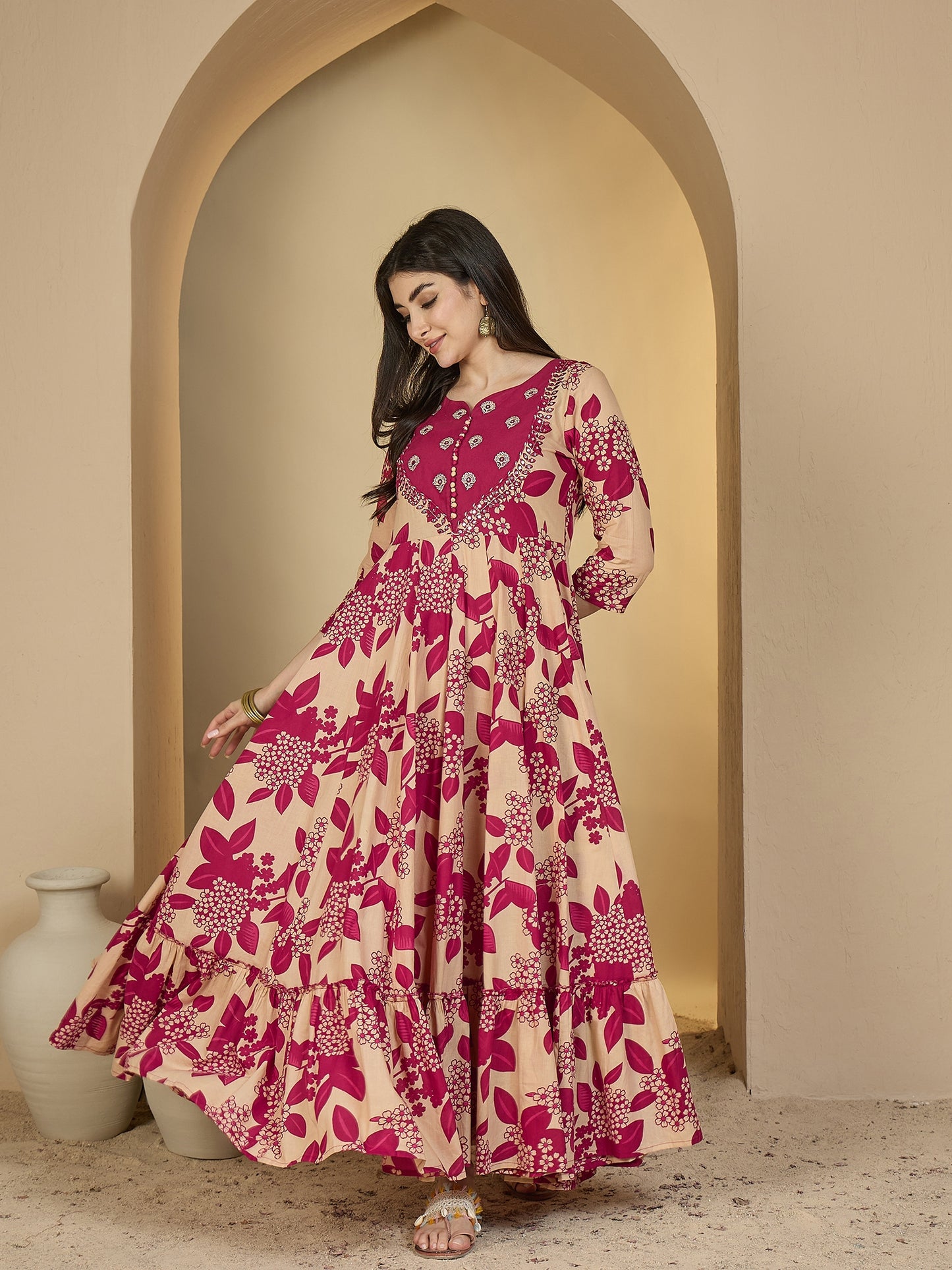 Cotton Ankle Length Printed 3/4 Sleeves Sweetheart Neck Anarkali Kurta