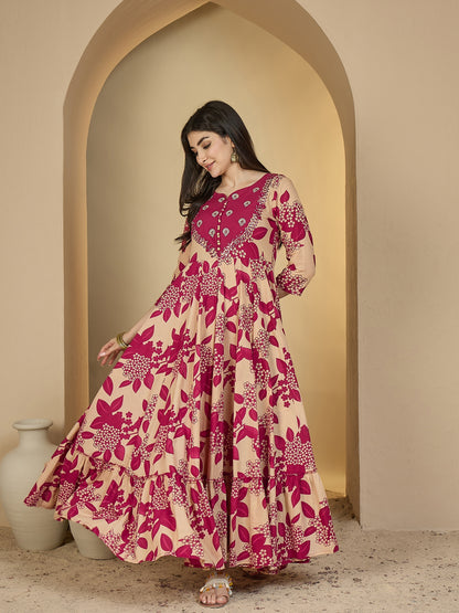 Cotton Ankle Length Printed 3/4 Sleeves Sweetheart Neck Anarkali Kurta