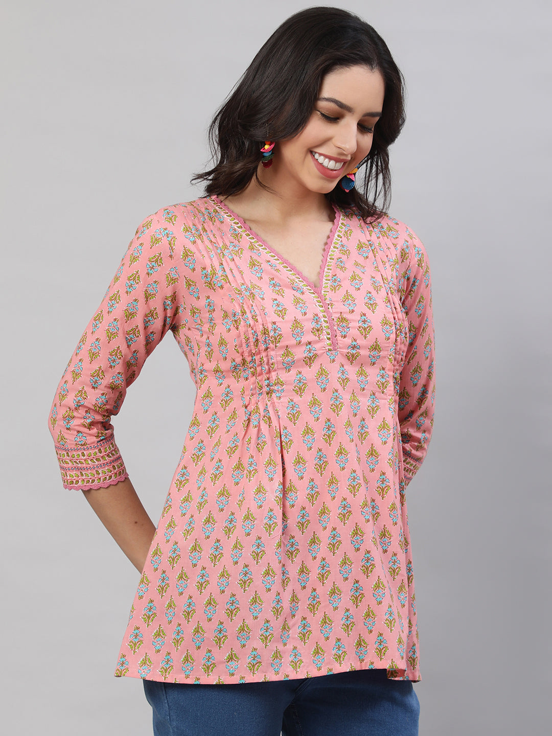 Printed 3/4 Sleeves Regular Pure Cotton  Top