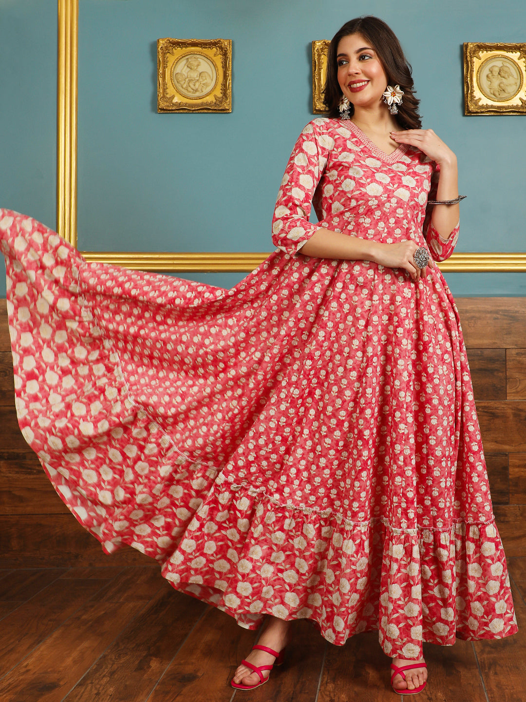 Cotton Ankle Length Printed Flared 3/4 Sleeves V-neck Kurta (Preorder)